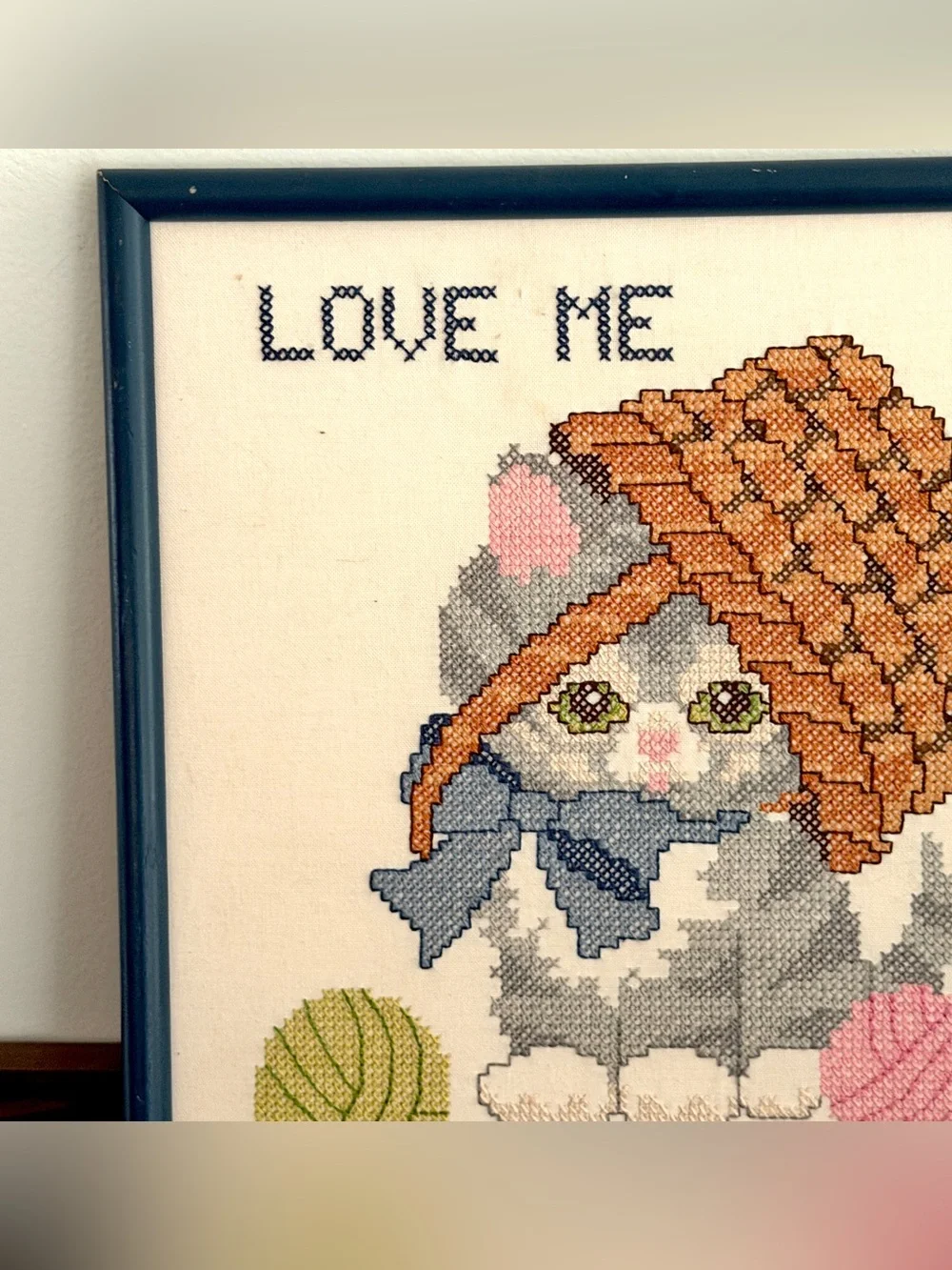 Vtg Love Me, Love My Cat Handmade Framed Cross Stitch Embroidery Art Wall Hang